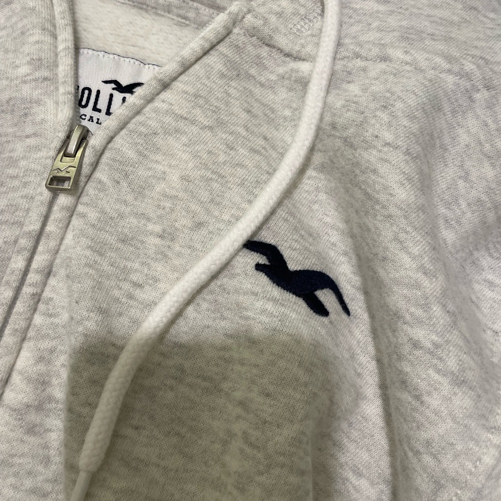 Women’s Light Heather Grey Hollister Full Zip Up Draw String Logo Hooded Sweater